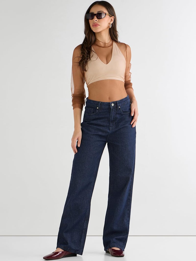 Bewakoof Women's Solid High Rise Straight Fit Cotton High Rise Baggy Jeans_625178_Blue_36 - Image 4