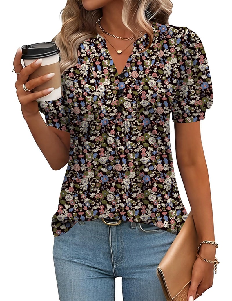 IECCP Short Sleeve Shirts for Women Business Casual Tops 2025 Summer Dressy Ladies Puff Sleeve Tunic Top Work Basic Tees (Big Floral,M) - Image 1