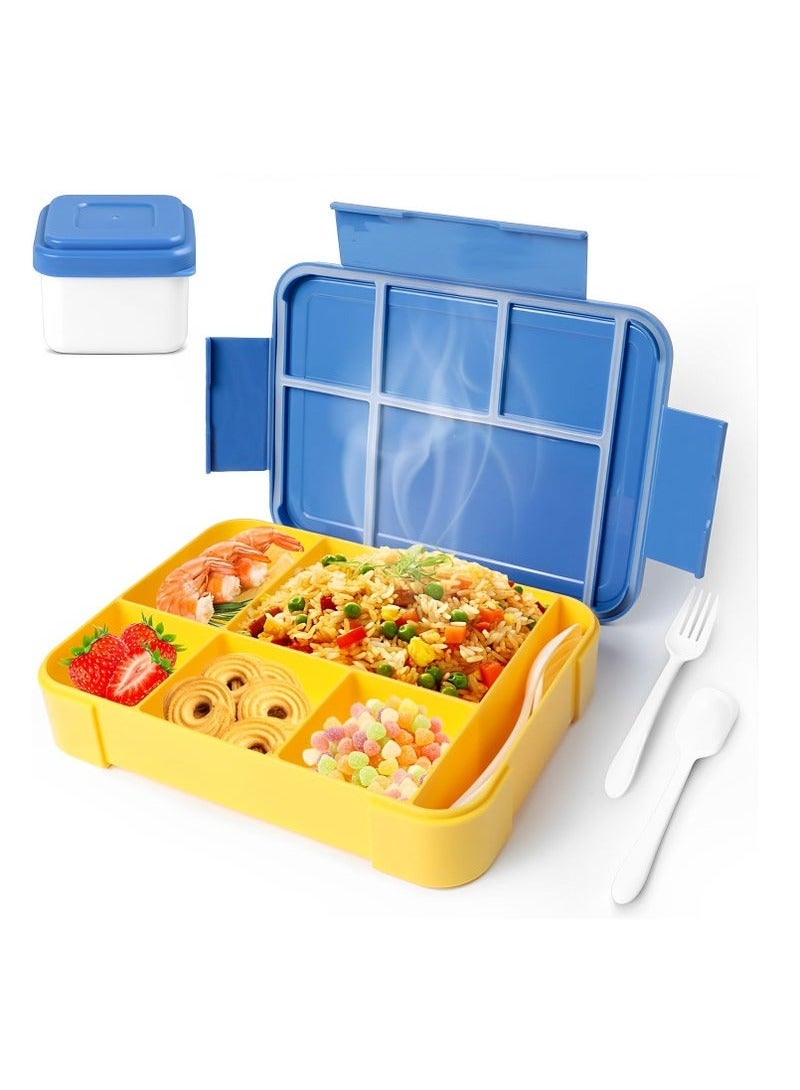 Bento Box, Lunch Box for Kids, Bento Lunch Box Kids Adults，With Fork Spoon,Food-Safe Leakproof 5 Compartments and 1 Salad Dressing Containers,1330 ML (Blue) - Image 1