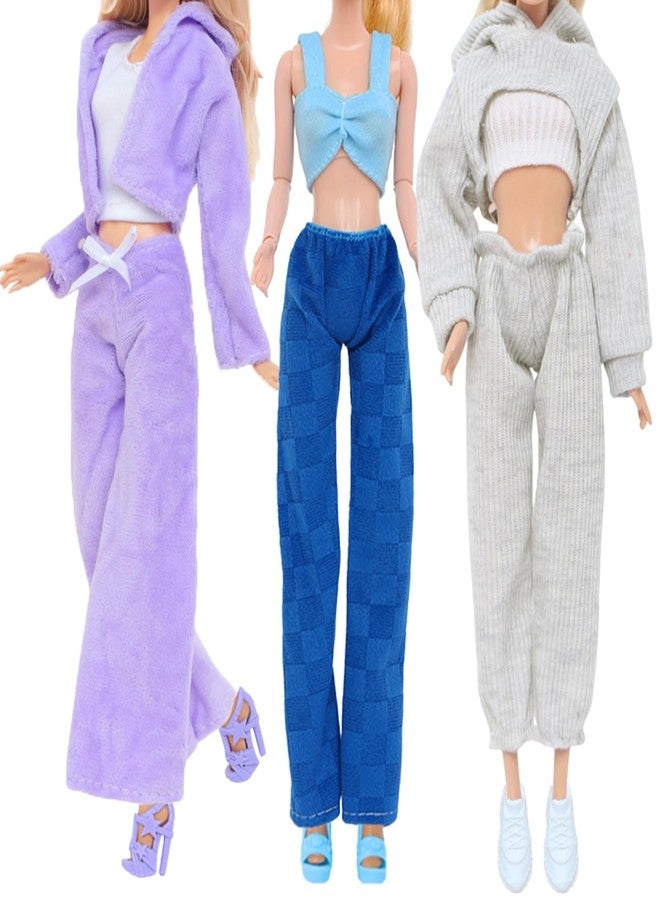 BLIJOLA 3 Sets Handmade Doll Clothes for 11.5 inch Girls Dolls Accessories, Spring Summer Winter Sport Style Outfits with Pants & Shoes (Blue/Purple/White) - Image 1