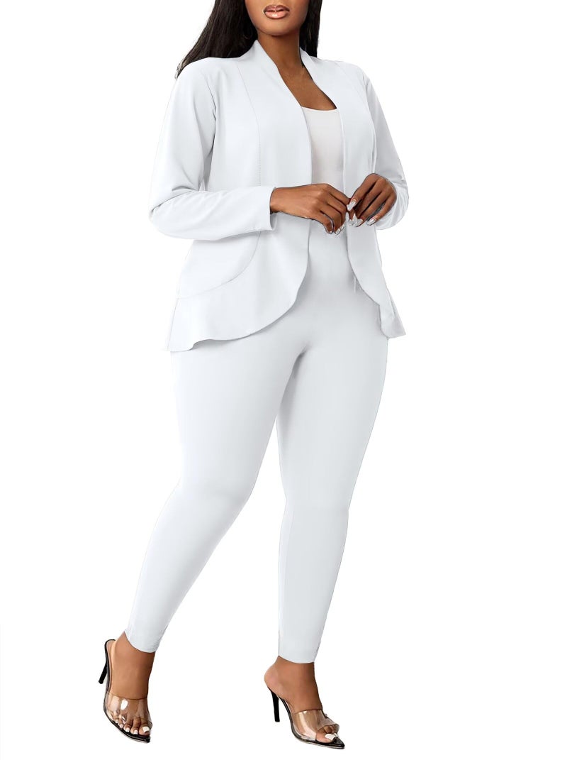 Aro Lora Womens Plus Size 2 Piece Outfits Pantsuits Long Sleeve Ruffle Irregular Hem Open Front Blazer Pant Set XX-Large White - Image 2
