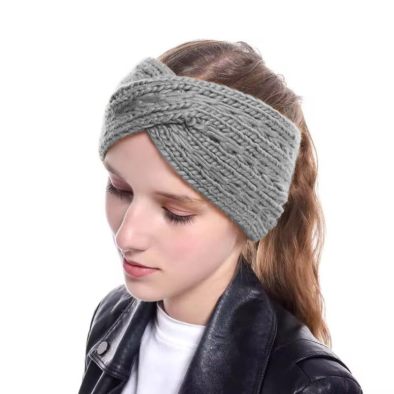 Richmen رباط رأس أنيق للنساء مع تصميم كروس جديد وقوس محبوك لغطاء الرأس، رباط شعر للسبا، محبوك من الصوف الدافئ، رباط شعر غير محدد الجنس، أكريليك مرن لتدفئة الأذنين (رمادي داكن) - Image 2