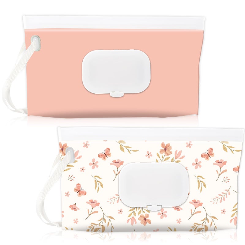 FEBSNOW 2 Pack Baby Wipes Dispenser Holder Portable Refillable Baby Wet Wipes Pouch Container Reusable Travel Case for Outdoor Hiking Pink Flower - Image 2
