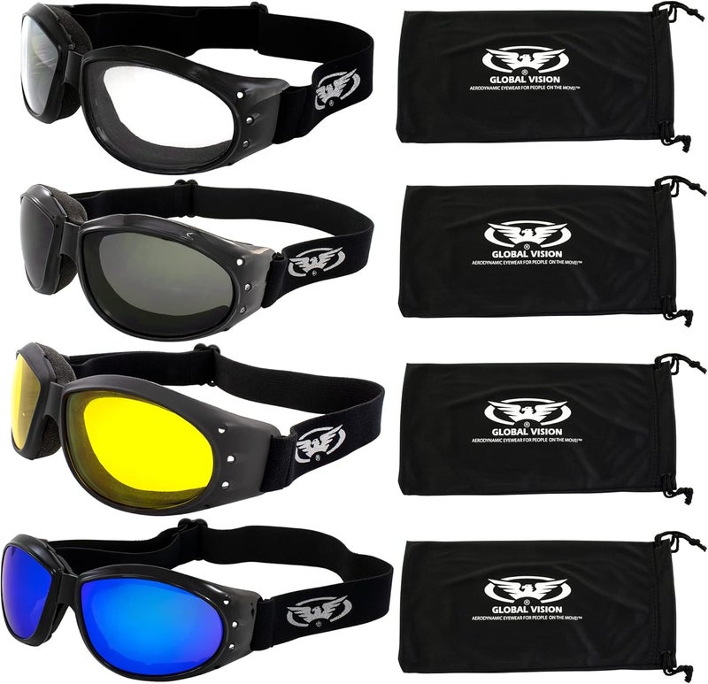 Global Vision Eliminator Deluxe Red Baron Style Padded Riding Goggles - Clear, Smoke, Yellow & Blue Lenses - Image 1