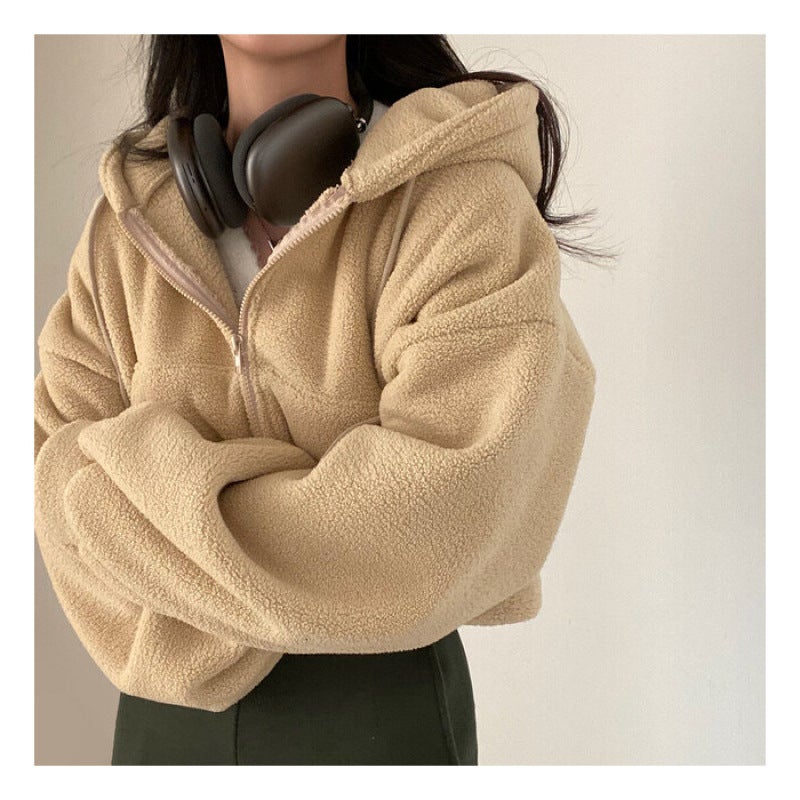 Lamb Fleece Coat Womens 2024 Autumn and Winter Coat Thickened Warm Furry Jacket Zipper Hooded Lamb Suit 702khaki 