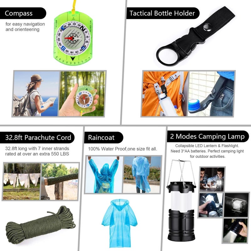 Taiker Emergency Survival Kit, 151 Pcs Survival Gear First Aid Kit, Outdoor Trauma Bag with Tactical Flashlight Knife Pliers Pen Blanket Bracelets Compass for Camping Earthquake or Adventures - Image 5
