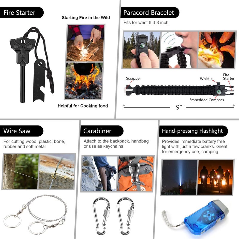 Taiker Emergency Survival Kit, 151 Pcs Survival Gear First Aid Kit, Outdoor Trauma Bag with Tactical Flashlight Knife Pliers Pen Blanket Bracelets Compass for Camping Earthquake or Adventures - Image 4