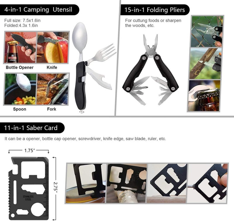 Taiker Emergency Survival Kit, 151 Pcs Survival Gear First Aid Kit, Outdoor Trauma Bag with Tactical Flashlight Knife Pliers Pen Blanket Bracelets Compass for Camping Earthquake or Adventures - Image 3