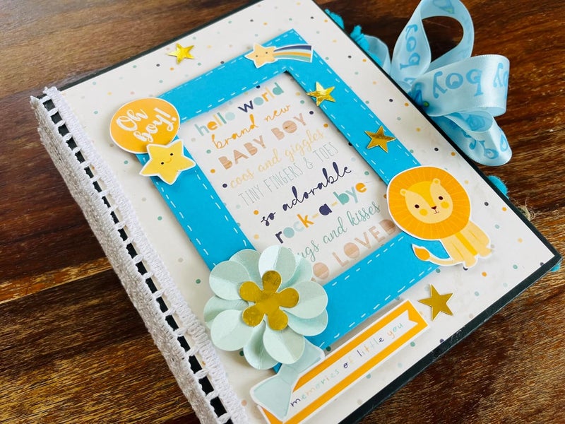 Crafted Forever Handmade Baby Boy Scrapbookmini album for Gifting and Memory Keeping can hold 32 photos A5 size Hard bound Pre decorated Without Photos