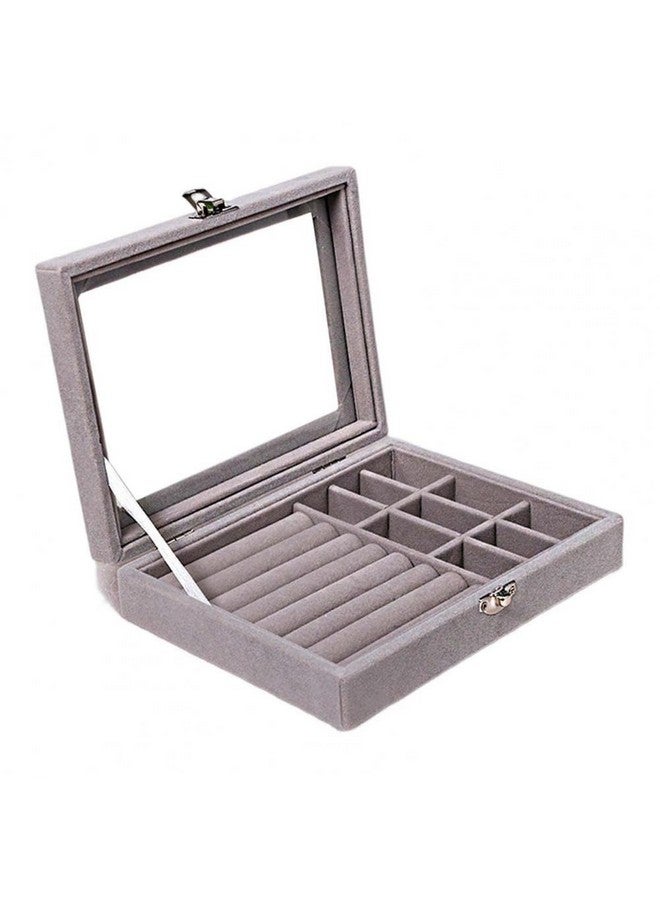 يو بيلا صندوق مجوهرات YouBella منظم مجوهرات بغطاء شفاف مخملي، منظم مجوهرات، خاتم، أقراط، أساور، حافظة تخزين مجوهرات، صندوق مجوهرات محمول للفتيات والنساء (رمادي) - Image 1