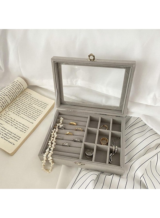يو بيلا صندوق مجوهرات YouBella منظم مجوهرات بغطاء شفاف مخملي، منظم مجوهرات، خاتم، أقراط، أساور، حافظة تخزين مجوهرات، صندوق مجوهرات محمول للفتيات والنساء (رمادي) - Image 2