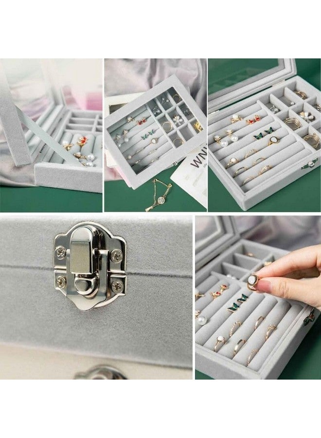 يو بيلا صندوق مجوهرات YouBella منظم مجوهرات بغطاء شفاف مخملي، منظم مجوهرات، خاتم، أقراط، أساور، حافظة تخزين مجوهرات، صندوق مجوهرات محمول للفتيات والنساء (رمادي) - Image 5