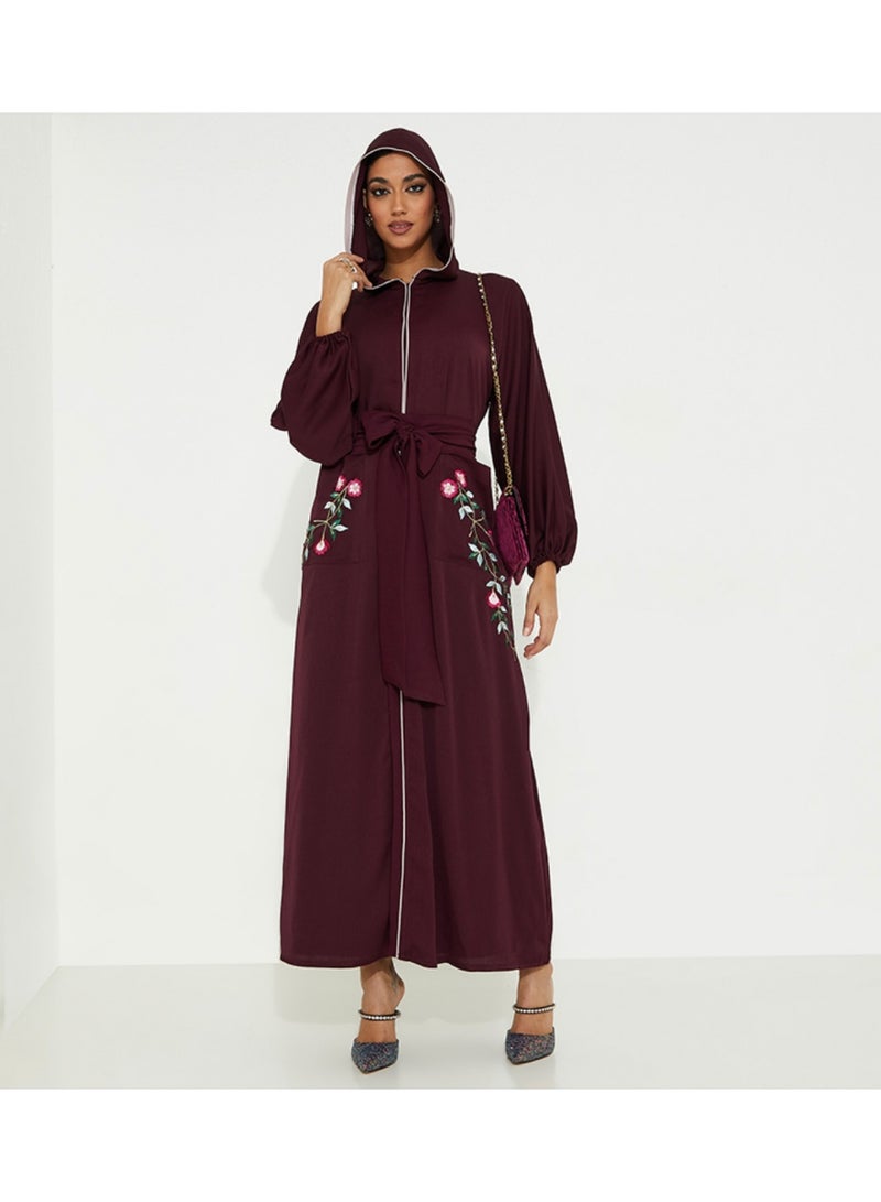 Rosette Abaya Maroon open abaya with Stitching design Colors Moroccan style - Image 4