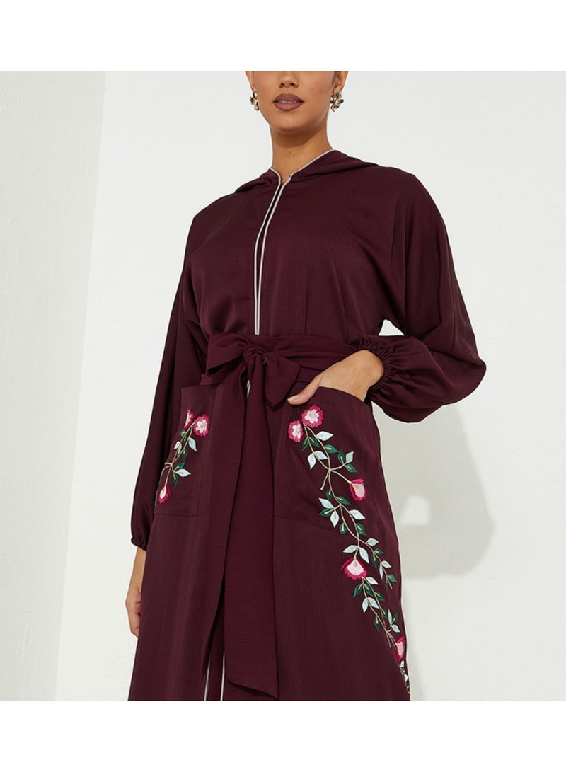 Rosette Abaya Maroon open abaya with Stitching design Colors Moroccan style - Image 3