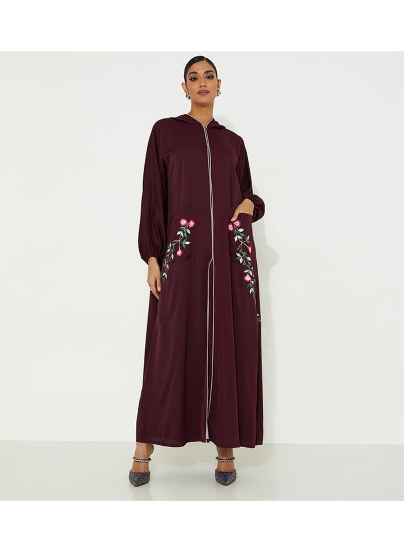 Rosette Abaya Maroon open abaya with Stitching design Colors Moroccan style - Image 1