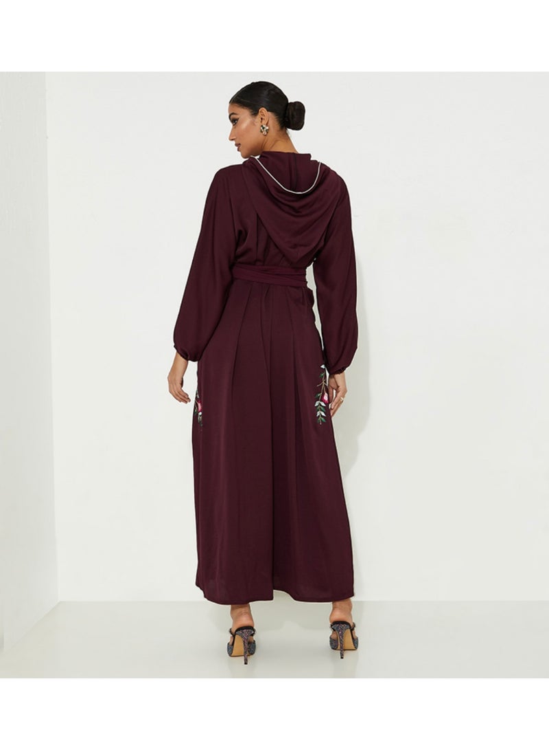 Rosette Abaya Maroon open abaya with Stitching design Colors Moroccan style - Image 2