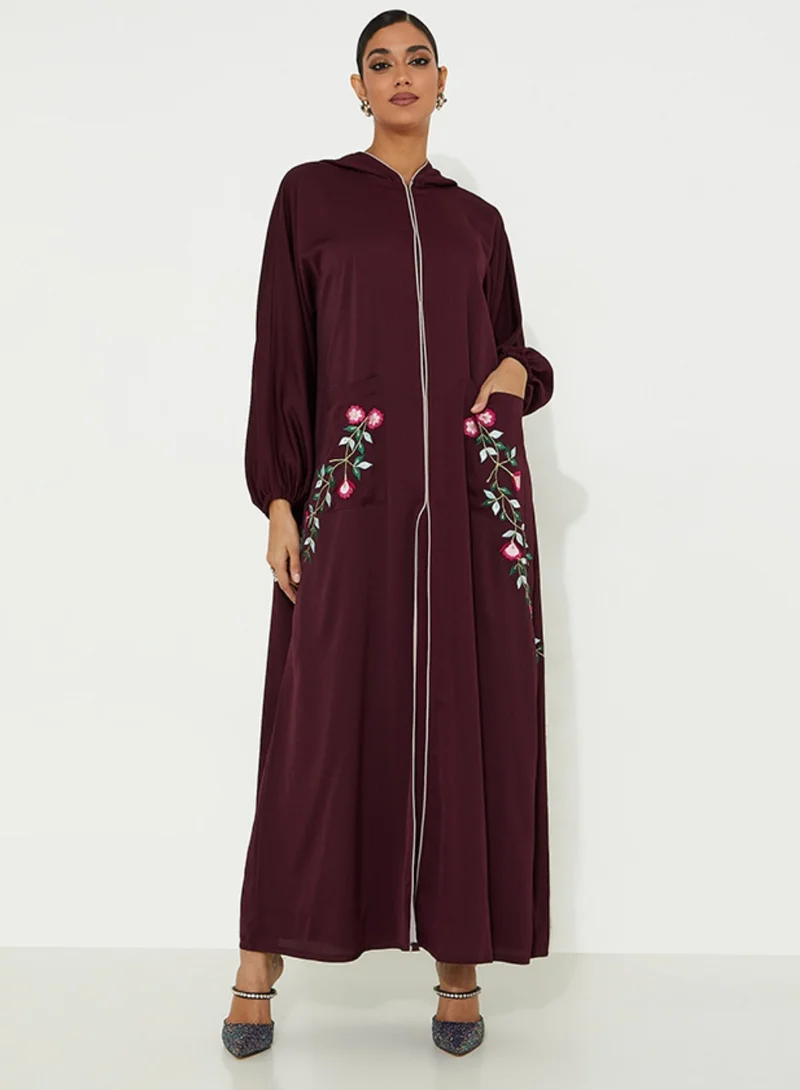 Rosette Abaya Maroon open abaya with Stitching design Colors Moroccan style