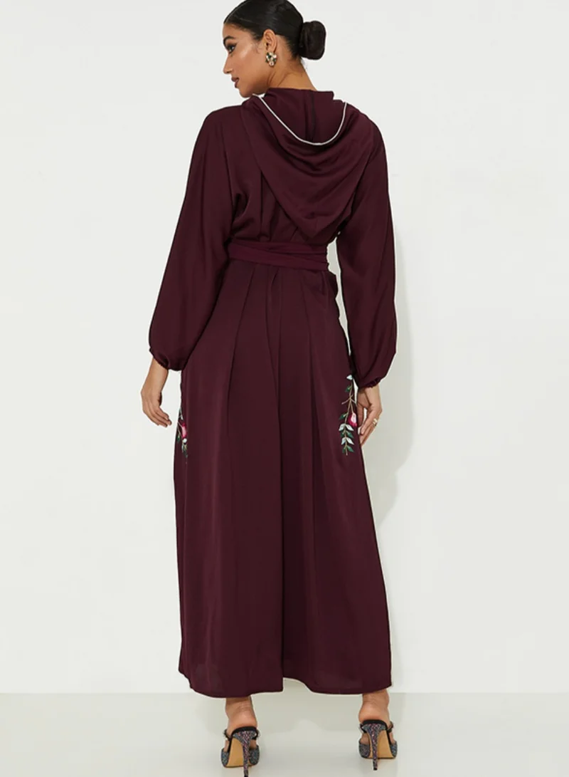 Rosette Abaya Maroon open abaya with Stitching design Colors Moroccan style