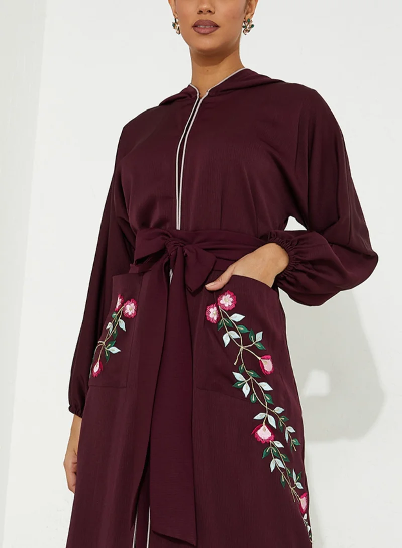 Rosette Abaya  Maroon open abaya with Stitching design Colors Moroccan style for Women | Best Price UAE