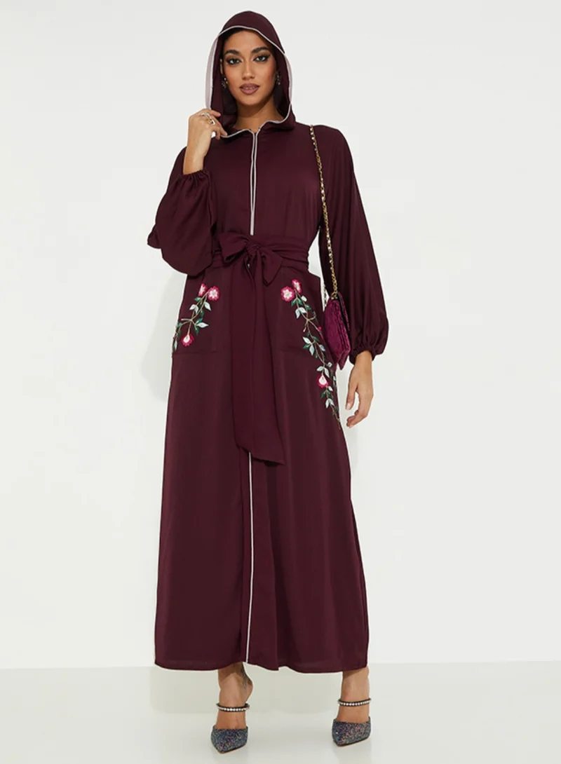 Rosette Abaya  Maroon open abaya with Stitching design Colors Moroccan style for Women | Best Price UAE