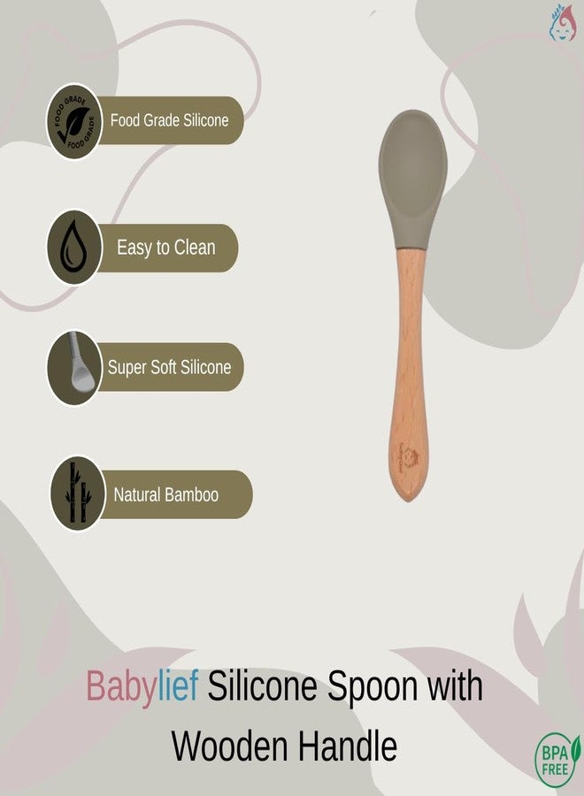 Babylief Bear Shaped Silicone Plate with Suction Base, Wooden Handle Spoon, 20 cm, Available in 5 Colours (Olive Green) - Image 5