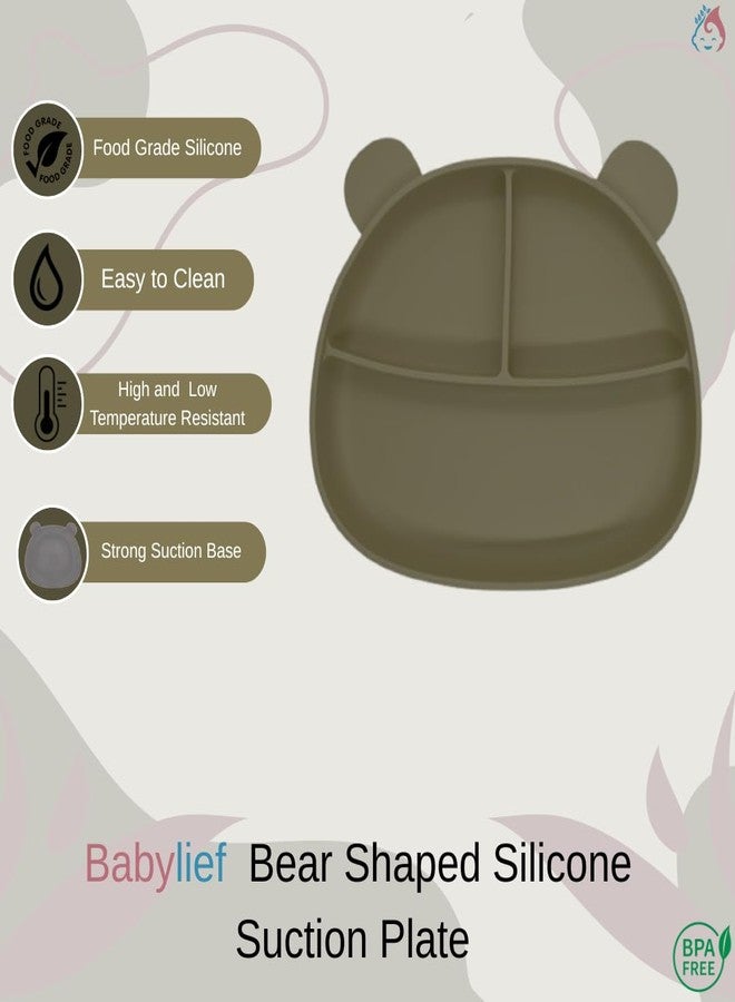 Babylief Bear Shaped Silicone Plate with Suction Base, Wooden Handle Spoon, 20 cm, Available in 5 Colours (Olive Green) - Image 3