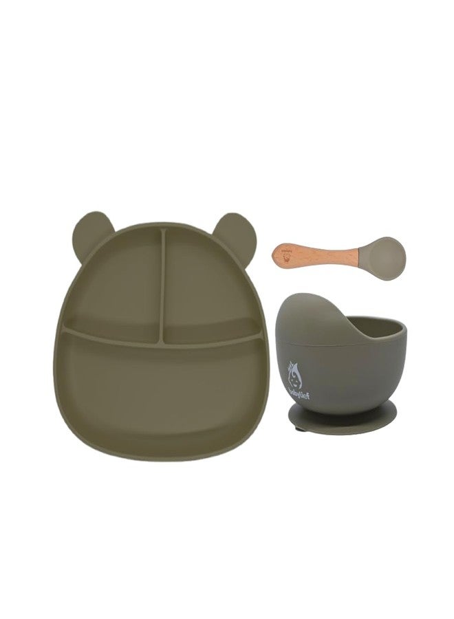 Babylief Bear Shaped Silicone Plate with Suction Base, Wooden Handle Spoon, 20 cm, Available in 5 Colours (Olive Green) - Image 1