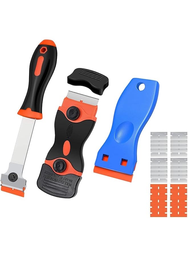 PROMASS promass Razor Blade Scraper 3PCS, Razor Scraper Tool with 50 Plastic and 30 Metal Razor Blades, Cleaning Scraper, for Removing Label, Registration Sticker, Tint, Grease from Glass, Windshield, Appliance  - Image 1