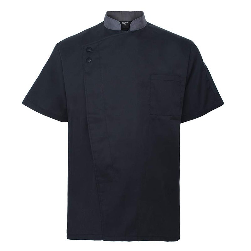 TopTie Unisex Short Sleeve Chef Coat Jacket, Black with Gray Collar - Image 1
