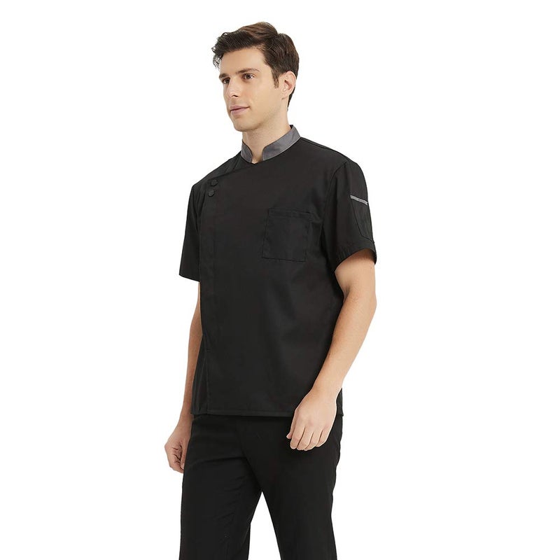 TopTie Unisex Short Sleeve Chef Coat Jacket, Black with Gray Collar - Image 4