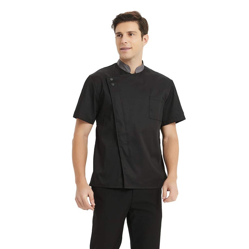 TopTie Unisex Short Sleeve Chef Coat Jacket, Black with Gray Collar - Image 5