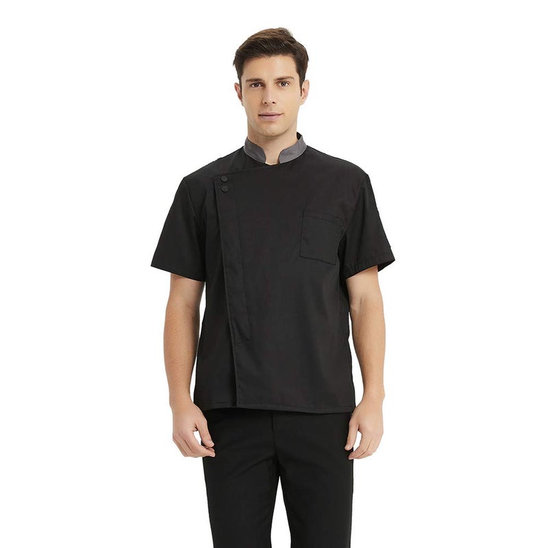 TopTie Unisex Short Sleeve Chef Coat Jacket, Black with Gray Collar - Image 3