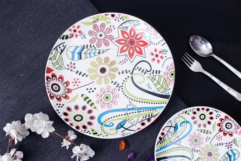 Caffeine Ceramic Handmade Multicolour Flower Design Combo Dinner Set 8 Pieces (4 Dinner Plate, 4 katori Bowl Dishwasher & Microwave Safe) - Image 2