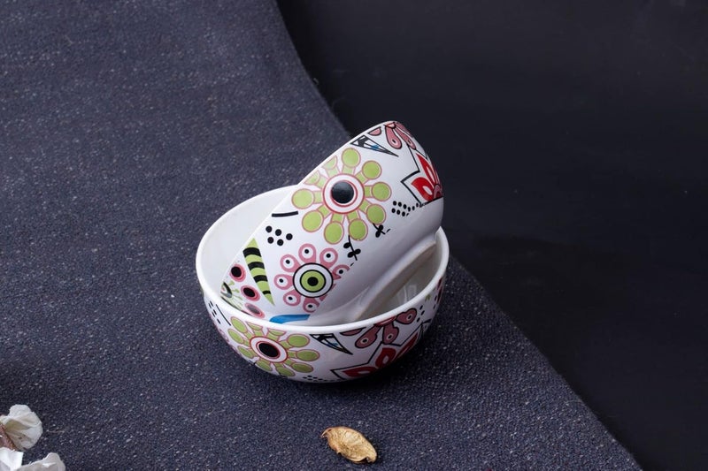 Caffeine Ceramic Handmade Multicolour Flower Design Combo Dinner Set 8 Pieces (4 Dinner Plate, 4 katori Bowl Dishwasher & Microwave Safe) - Image 3