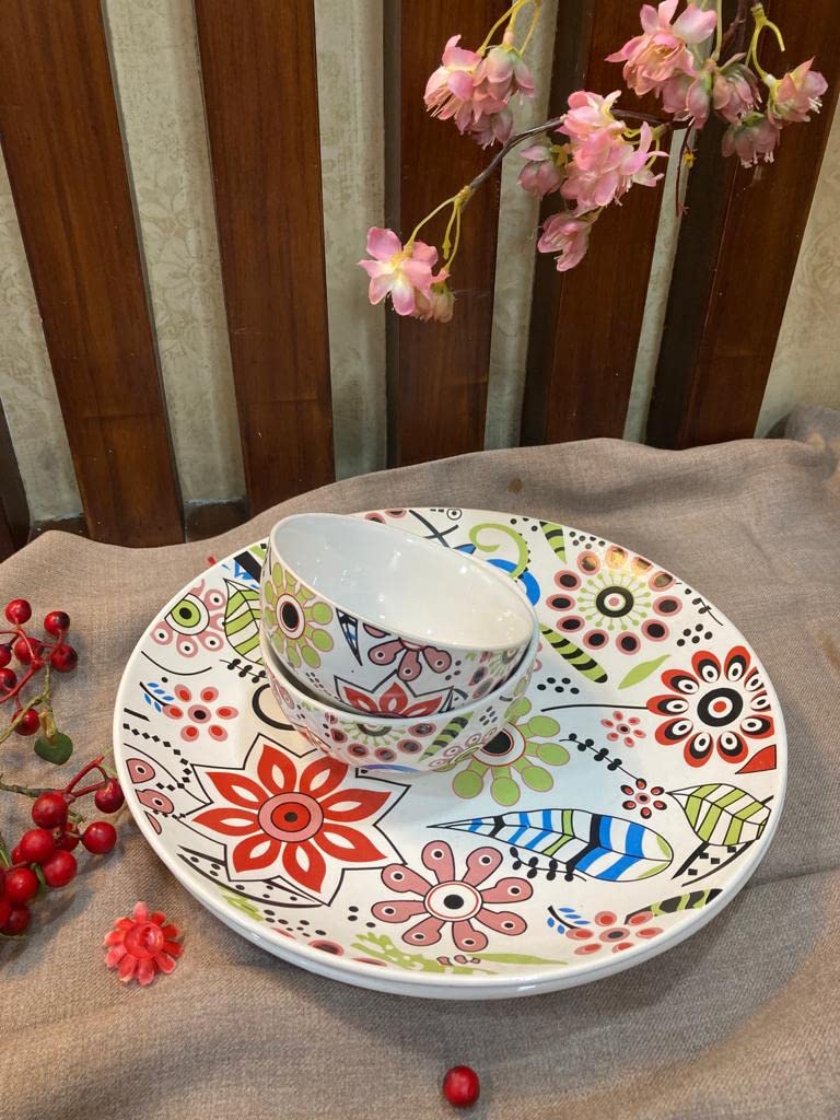 Caffeine Ceramic Handmade Multicolour Flower Design Combo Dinner Set 8 Pieces (4 Dinner Plate, 4 katori Bowl Dishwasher & Microwave Safe) - Image 1