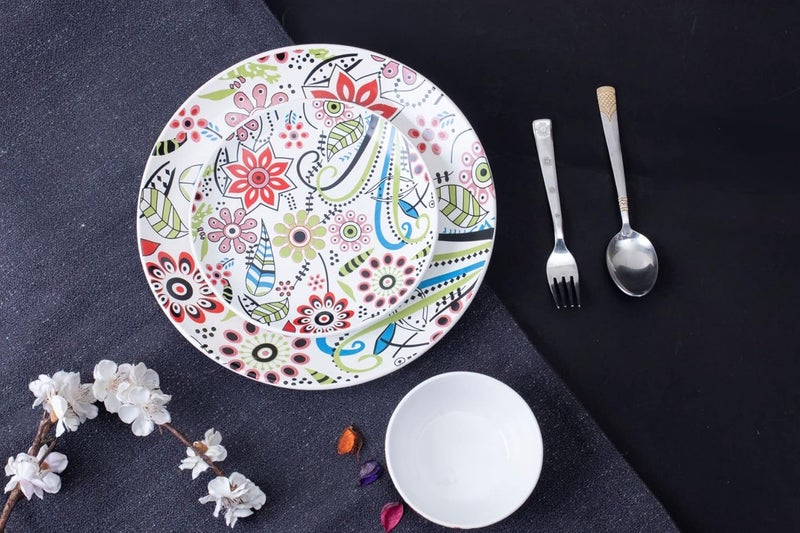 Caffeine Ceramic Handmade Multicolour Flower Design Combo Dinner Set 8 Pieces (4 Dinner Plate, 4 katori Bowl Dishwasher & Microwave Safe) - Image 4