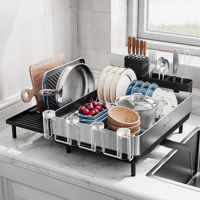 SUNLY Large Dish Drying Rack Expandable Dish Racks for Kitchen Counter Space Saving 304 Stainless Steel Drying Rack Kitchen Extra Large Drainer with Multifunctional Flip Up Pegs Black