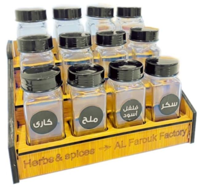 طقم بهارات وتوابل المطبخ، يتكون الطقم من 12 قطعة + حامل + ملصق توابل - أسود