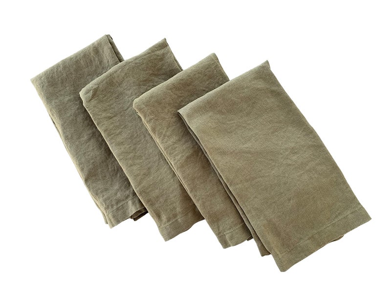 Linen Napkins 100 French Flax Stonewashed Pure Linen Cloth Napkins Mitered Corners Set of 4 Olive Green