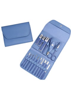 Excefore Nail Clippers Manicure Set,Professional Nail Clippers Kit,Professional Nail Clippers Kit,16 pcs Stainless Steel Nail Care Tools Grooming Kit with Luxurious Travel Leather Case, for Men Women (Blue)  - Image 1