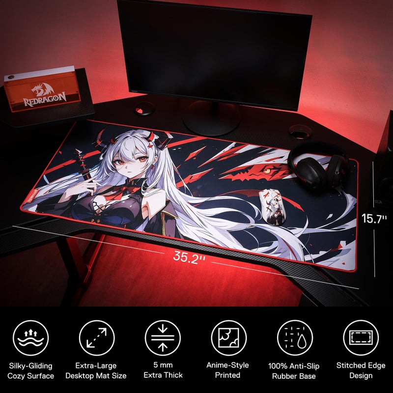 Redragon EISA P047L Anime Gaming Mouse Pad - Smooth Lycra Surface, Anti-Slip Rubber Base, Spill-Resistant, Durable 5mm Thick Design, 35 x 16 inches, Black - Image 2