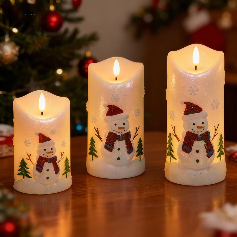 DRomance Snowman Flameless Candles Battery Operated with Remote and Timer Real Wax 3D Wick Flickering LED Pillar Candles Color Painted Carved Snowflake Christmas Holiday Decor(3" D x 5", 6", 7" H) - Image 5