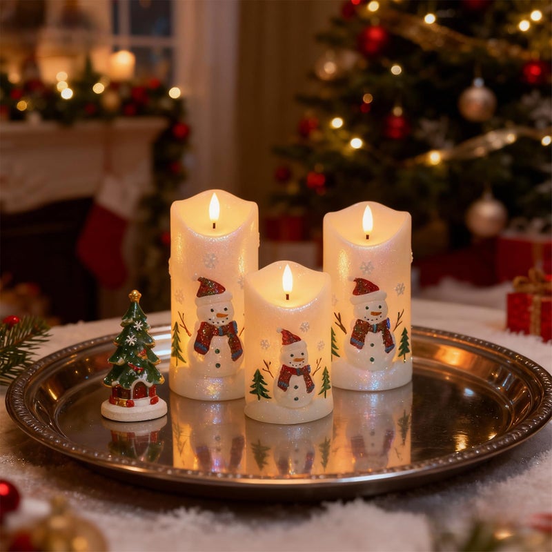 DRomance Snowman Flameless Candles Battery Operated with Remote and Timer Real Wax 3D Wick Flickering LED Pillar Candles Color Painted Carved Snowflake Christmas Holiday Decor(3" D x 5", 6", 7" H) - Image 4
