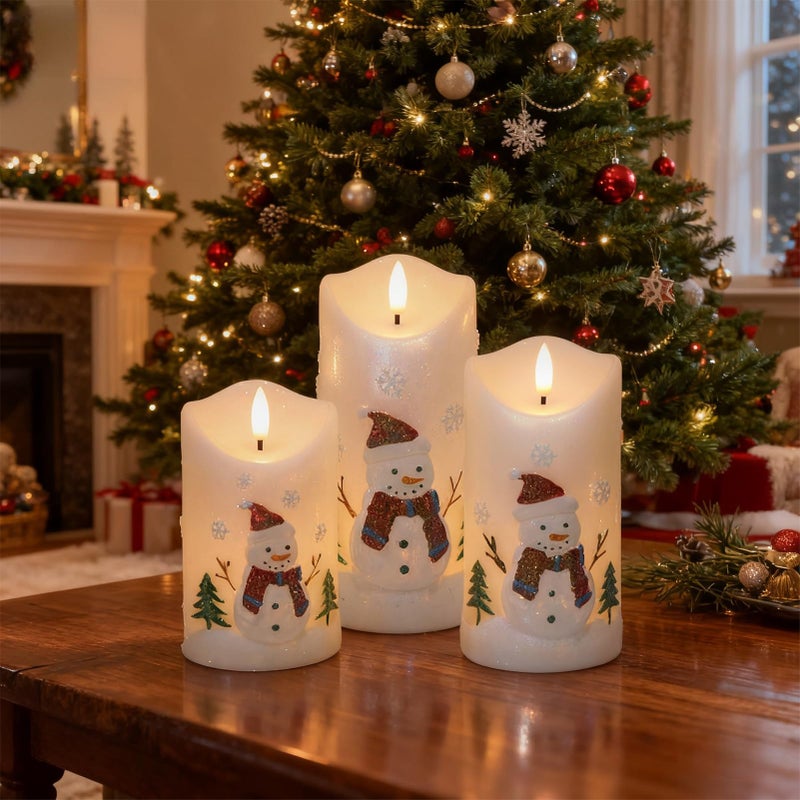 DRomance Snowman Flameless Candles Battery Operated with Remote and Timer Real Wax 3D Wick Flickering LED Pillar Candles Color Painted Carved Snowflake Christmas Holiday Decor(3" D x 5", 6", 7" H) - Image 3