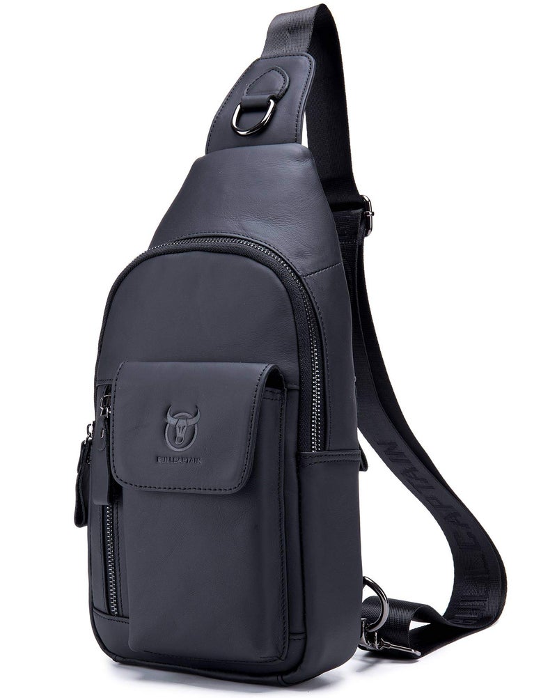 BULLCAPTAIN Mens Leather Crossbody Bag Shoulder Sling Bag Casual Daypacks Chest Bags for Travel Hiking Backpacks (Black) - Image 1