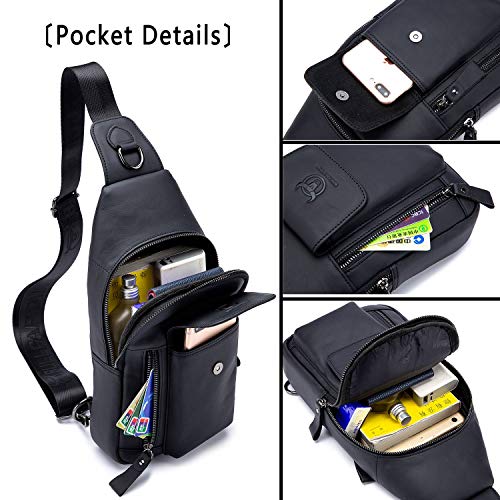 BULLCAPTAIN Mens Leather Crossbody Bag Shoulder Sling Bag Casual Daypacks Chest Bags for Travel Hiking Backpacks (Black) - Image 5