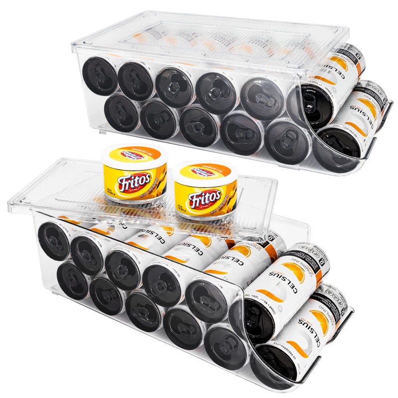 SCAVATA 2 Pack Skinny Can Organizer for Refrigerator, Stackable Tall Skinny Soda Pop Can Holder Dispenser with Lid for Fridge Pantry Rack Freezer, Clear Plastic Storage Bins-Holds 12 Slim Cans Each - Image 1