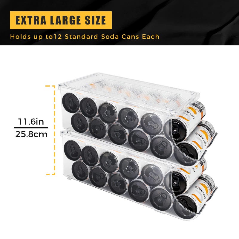 SCAVATA 2 Pack Skinny Can Organizer for Refrigerator, Stackable Tall Skinny Soda Pop Can Holder Dispenser with Lid for Fridge Pantry Rack Freezer, Clear Plastic Storage Bins-Holds 12 Slim Cans Each - Image 2