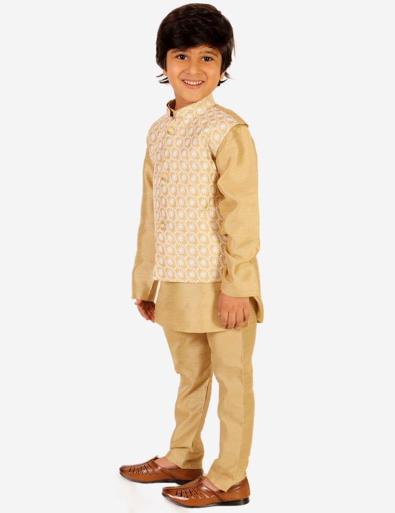superminis Baby Boys Silk Kurta Pyjama Set with Chikankari Nehru Jacket (6-12 Months, Beige) - Image 5