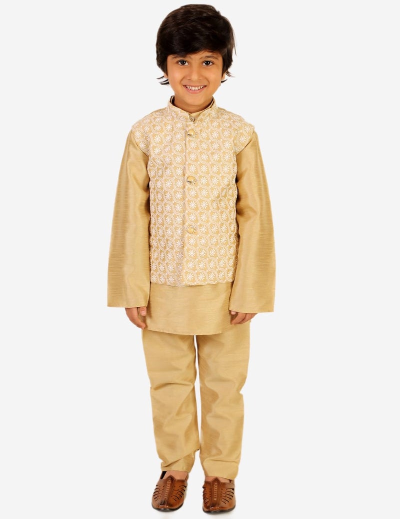 superminis Baby Boys Silk Kurta Pyjama Set with Chikankari Nehru Jacket (6-12 Months, Beige) - Image 2